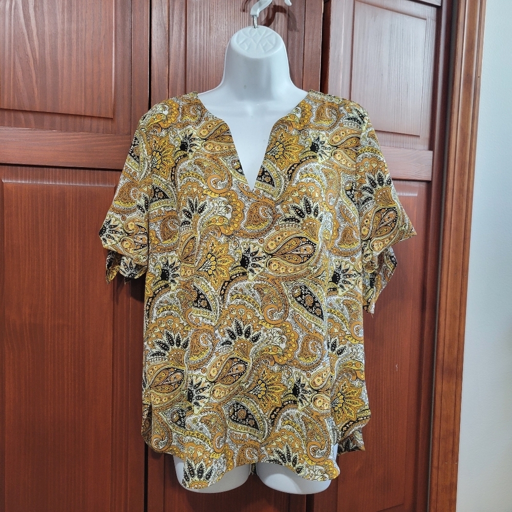 Michael Kors Yellow Multicolored Floral Art To Wear Short Sleeve Blouse | Large